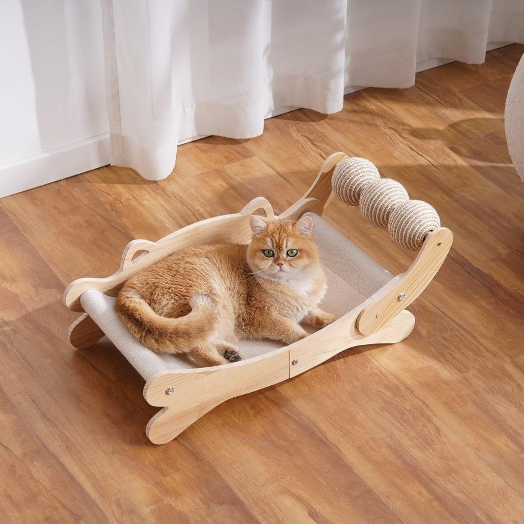 Cat Scratcher Bed, Heavy Duty Sisal Cat Scratching Post with Hammock for Indoor Cats, Natural Wood Cat Lounge for Sleeping & Scratching, Stable Bed for Large Cats