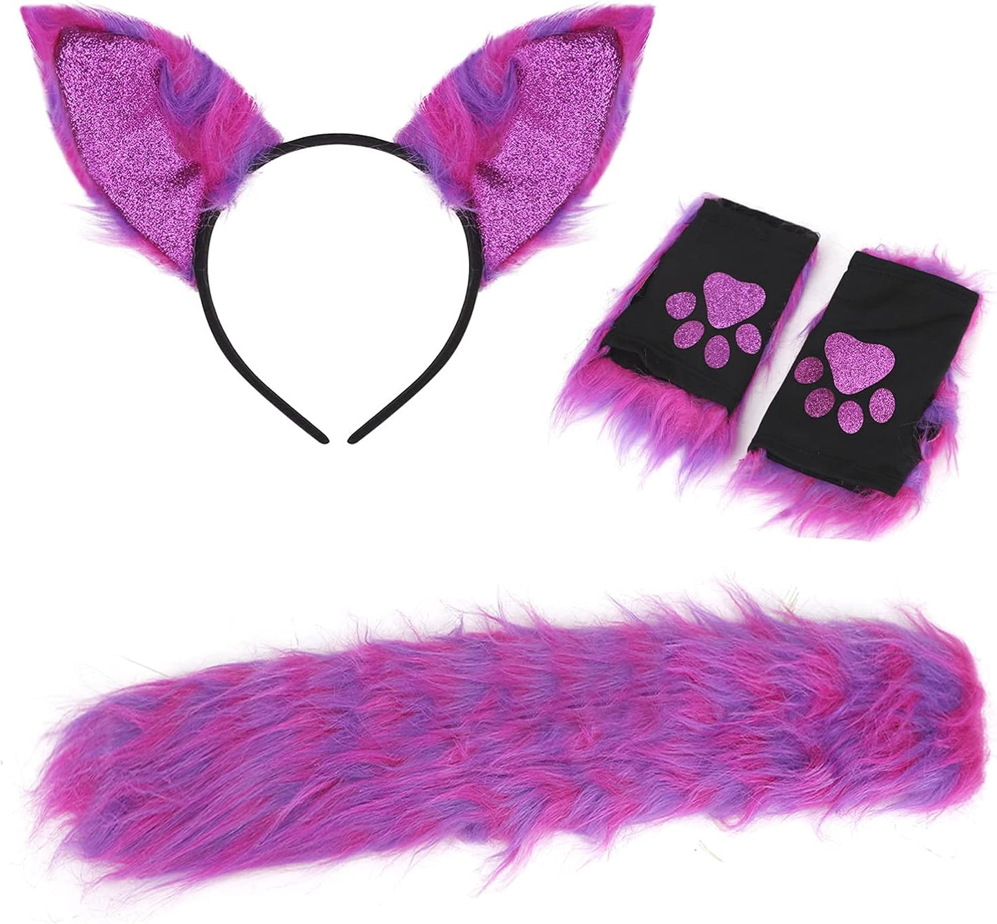 Faux Fur Cat Tail Ears Headband Set Wolf Fox Paw Gloves Xmas Fancy Party Halloween Animal Cosplay Costume for Women Girls