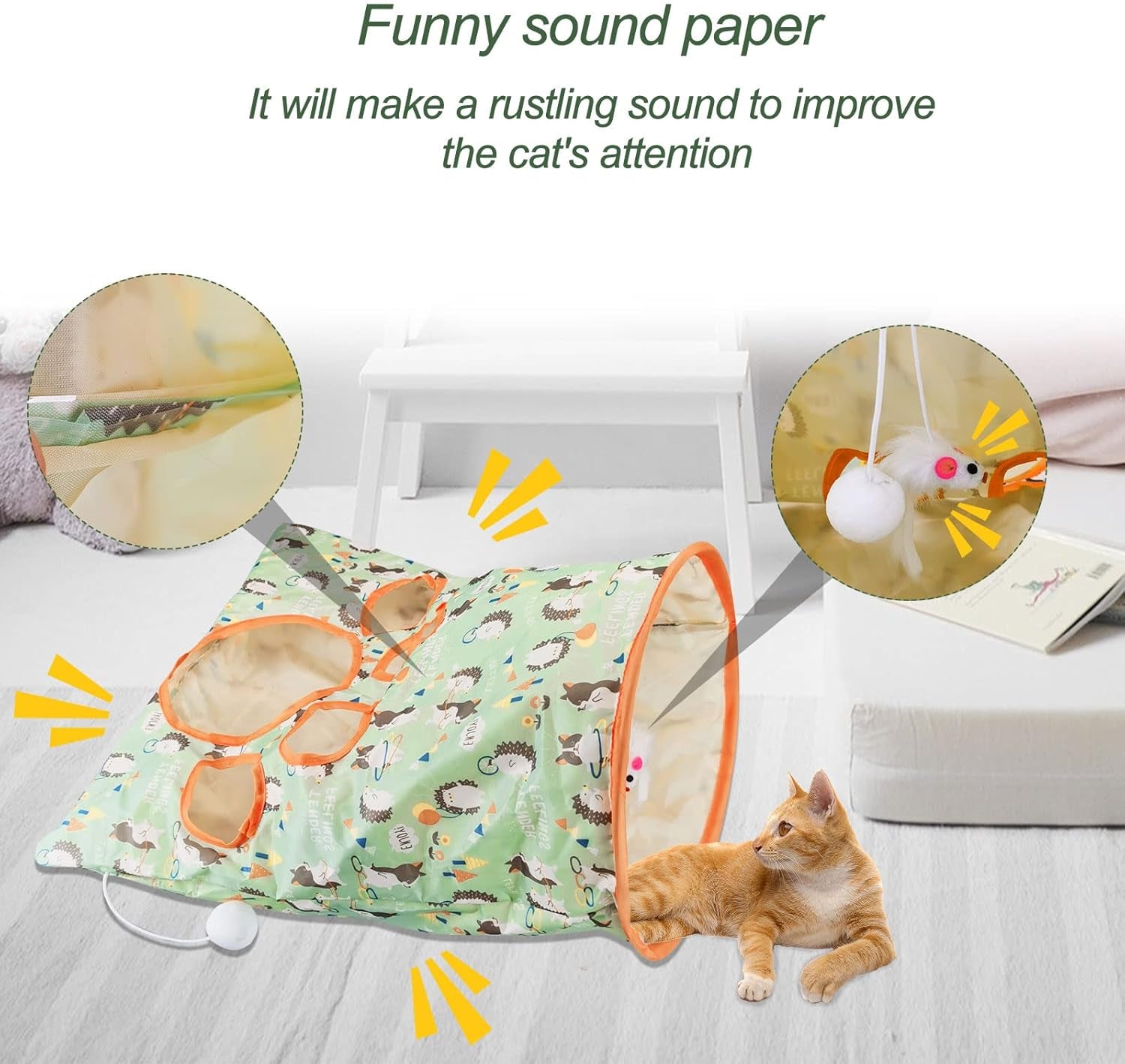 Cat Tunnel Bags for Indoor Cats, 13X17X12In Foldable Cat Crinkle Bag with 3 White Plush Balls and 1 Mouse 5 Holes for Kitten to Hide and Catch 3 Layers Cat Toy (Hedgehog)