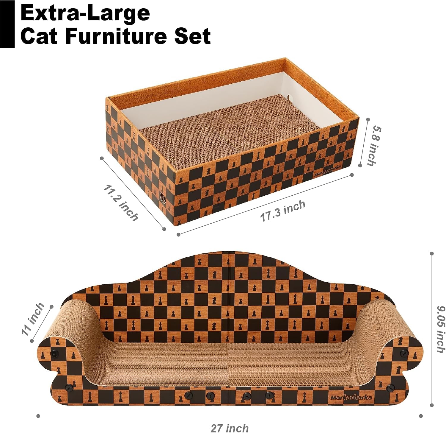 27" Cat Scratcher Bed & Sofa, Couch Scrartch Pad for Indoor Cat | High-Density Hardened Cardboard Cat Couch Scratcher, Spacious Scratch Pad Cat House for Large Cat or 2 Cats, Check Print