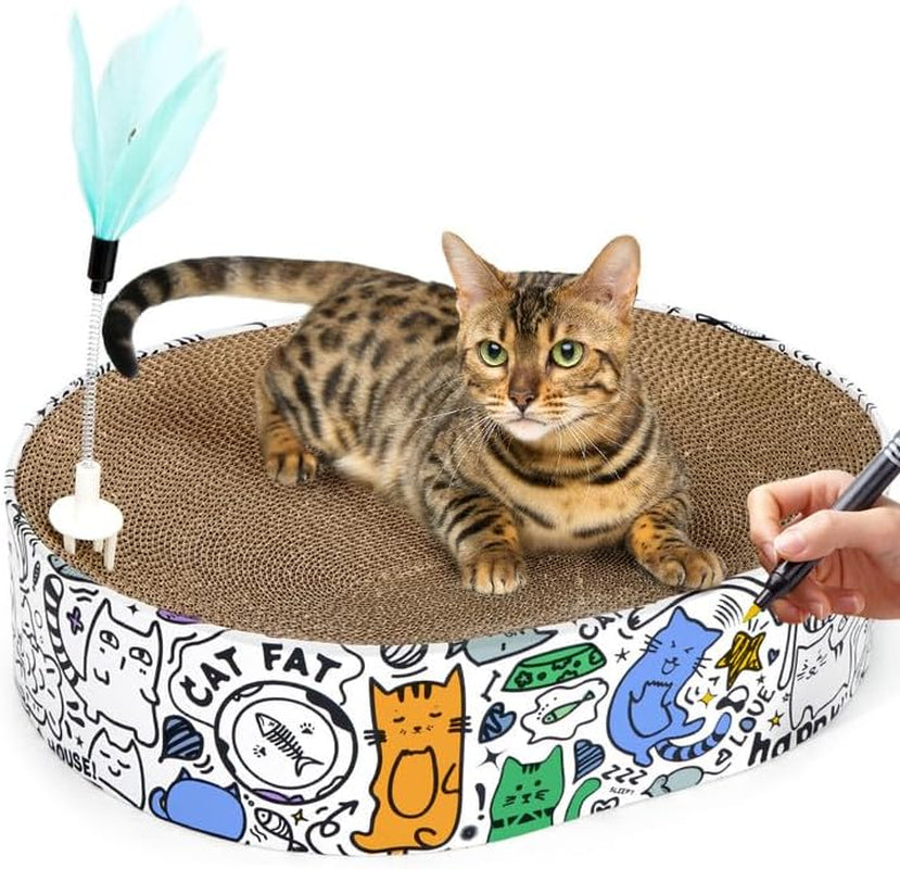 Cat Scratcher Cardboard, 2In1 Oval Cat Scratcher Bed for Indoor Cats Cat, Scratch Pad Bowl with Scratching Toy, Cozy Oval Cat Scratch Bed Furniture for Kittens & Medium Size Cats(White)