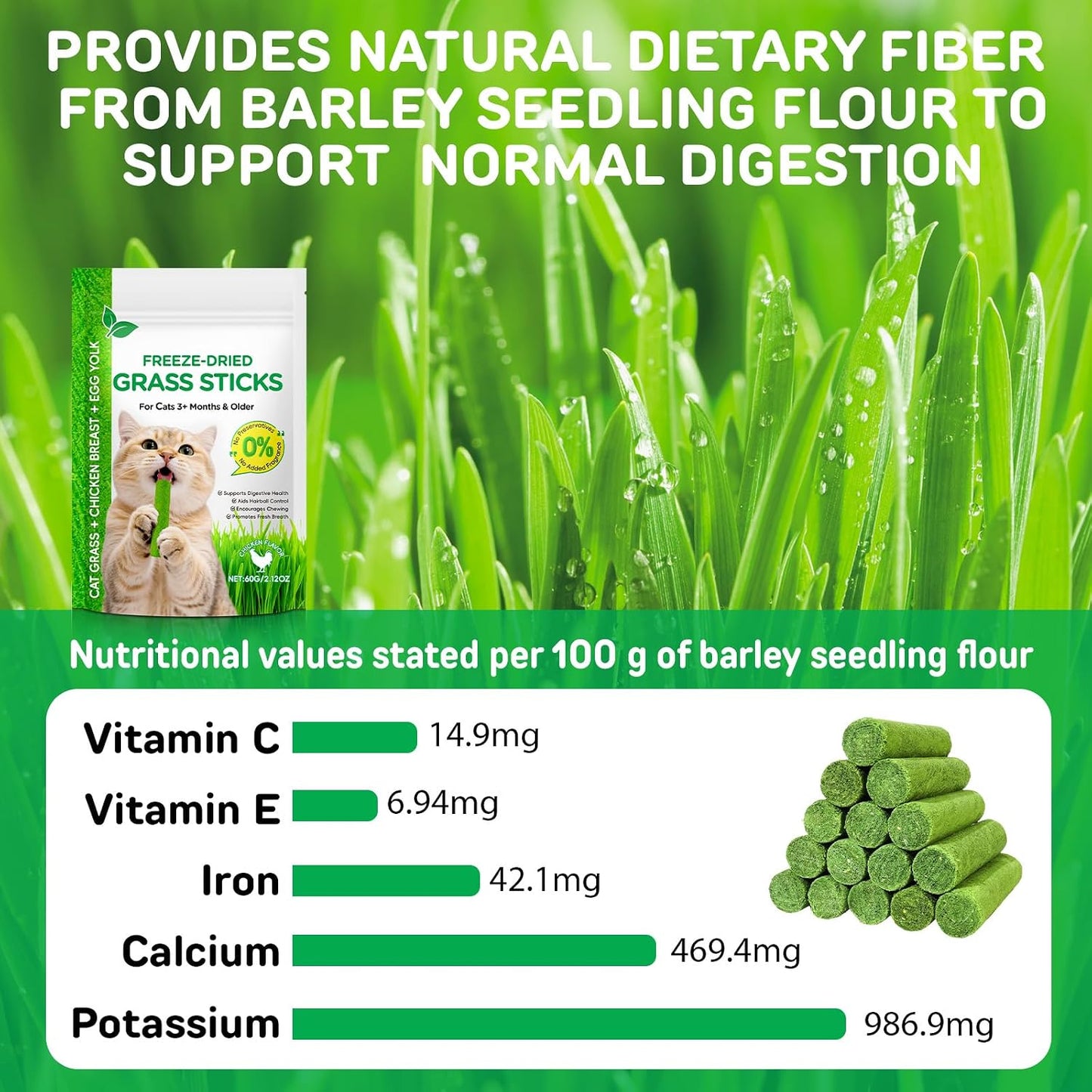 60G/2.12Oz Cat Grass Sticks, Delicious Freeze-Dried Cat Grass Treats Edible Cats Chew Toy Kitten Snacks for Hairball Removal and Teeth Cleaning