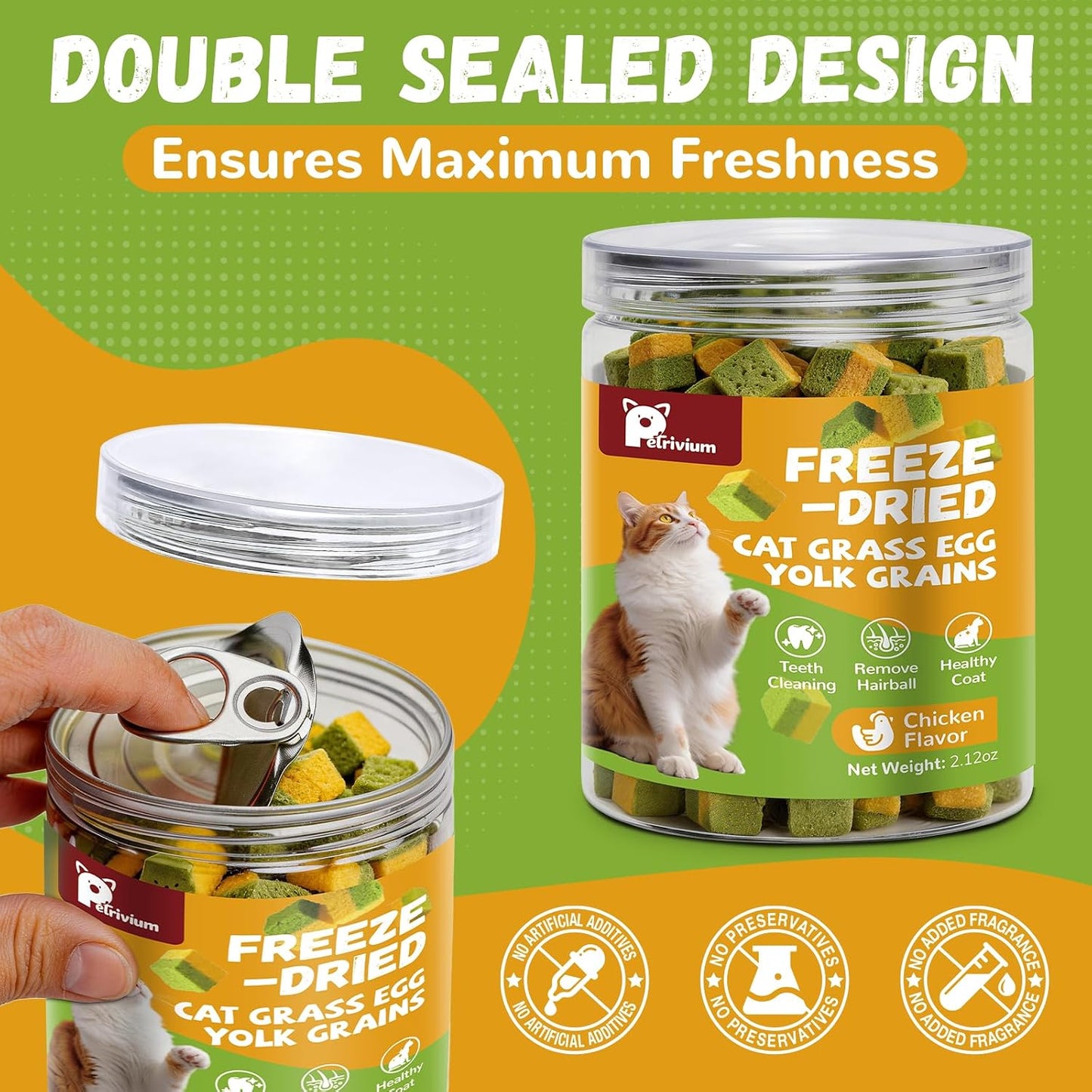 Cat Grass Treats for Indoor Cats, 60G Freeze-Dried Cat Grass & Egg Yolk Treats - Feline Grass Treаts for Hairball Control and Healthy Coat, Chicken Flavor