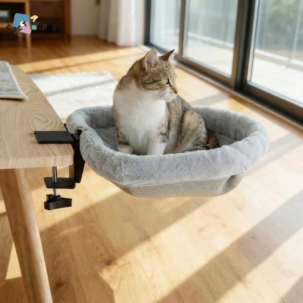 Semi-Circular Cat Table Bed Space Saving Detachable Folding Cat Bed Comfortable Non-Slip Clamp Cat Desk Hammock Computer Desk