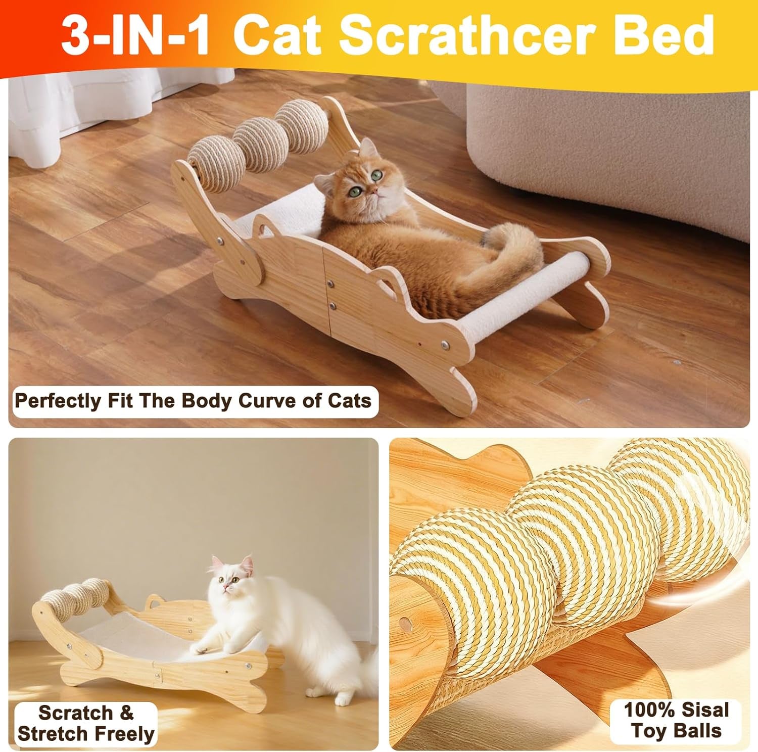Cat Scratcher Bed, Heavy Duty Sisal Cat Scratching Post with Hammock for Indoor Cats, Natural Wood Cat Lounge for Sleeping & Scratching, Stable Bed for Large Cats