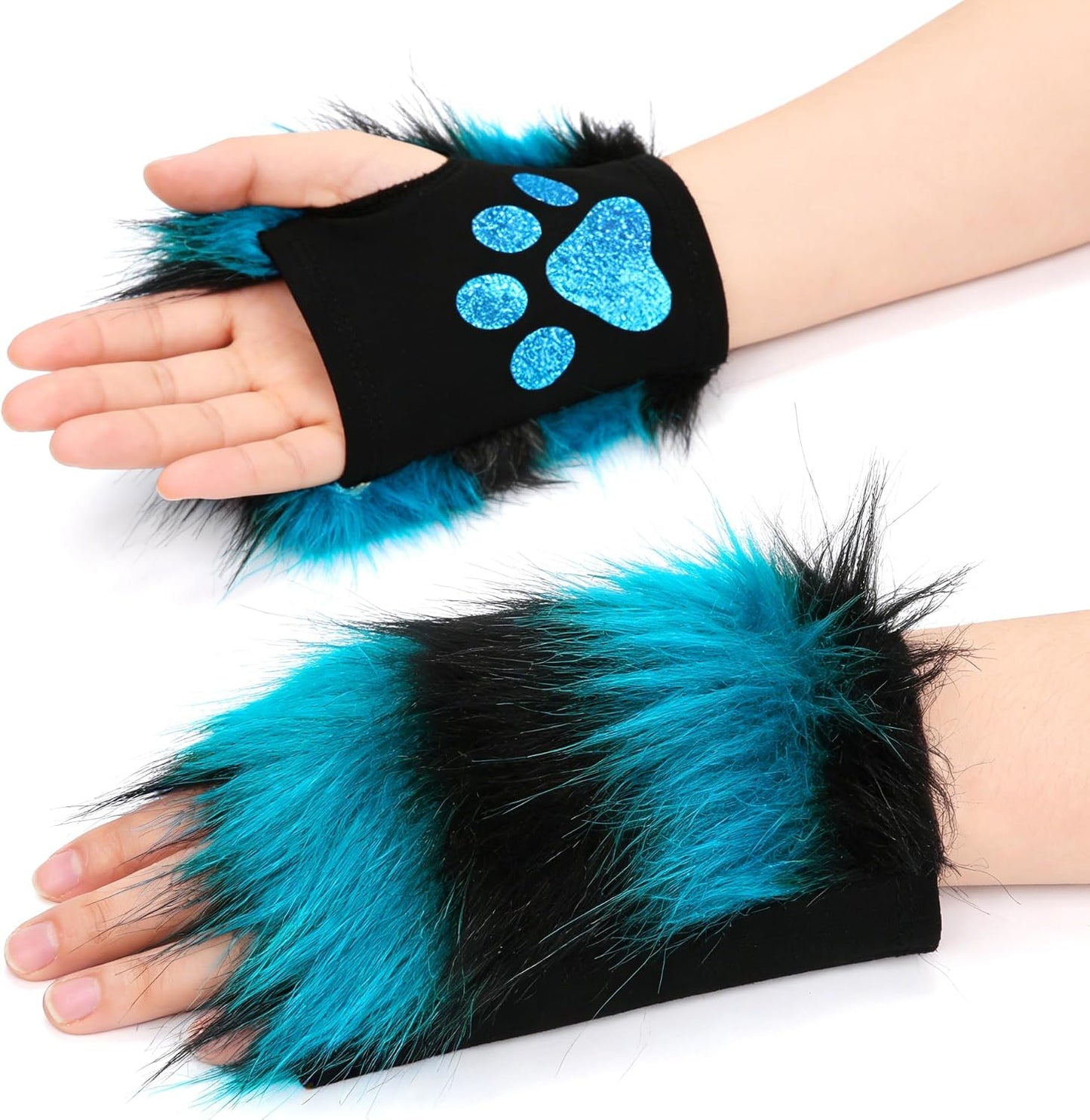Cat Wolf Fox Tail Faux Fur Ear Headband Paw Gloves Set for Women Adult Halloween Xmas Fancy Party Cosplay Costume
