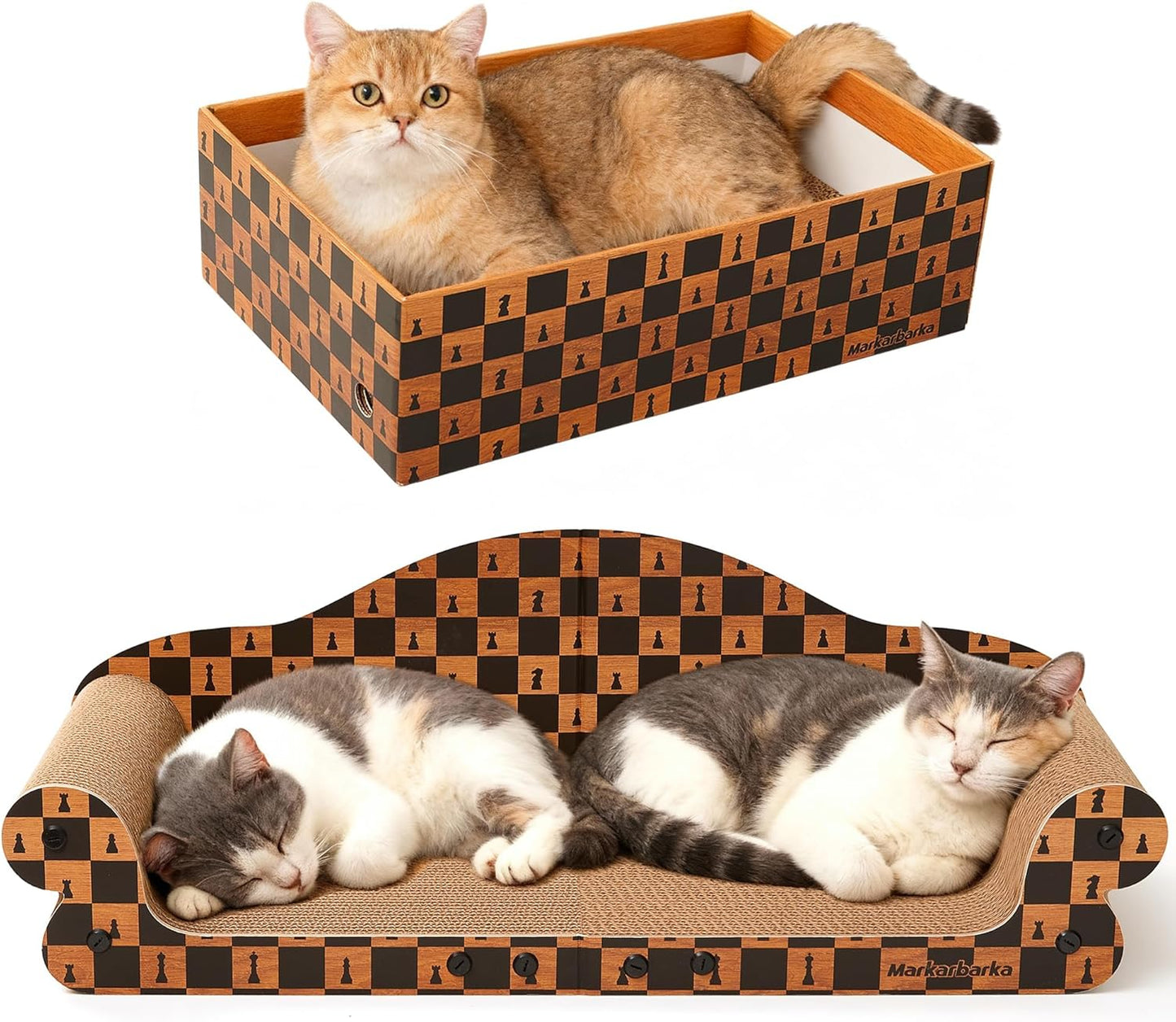 27" Cat Scratcher Bed & Sofa, Couch Scrartch Pad for Indoor Cat | High-Density Hardened Cardboard Cat Couch Scratcher, Spacious Scratch Pad Cat House for Large Cat or 2 Cats, Check Print