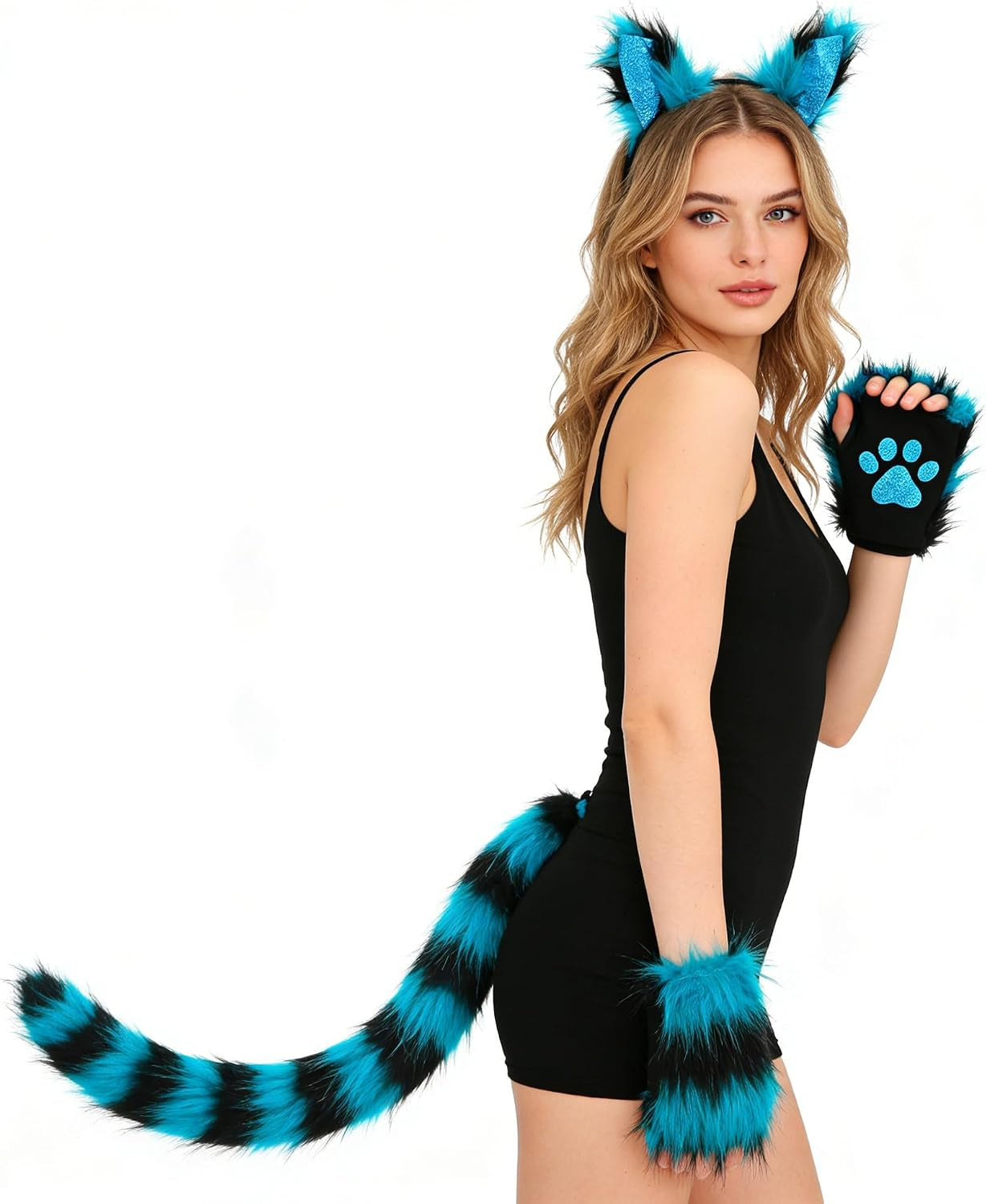 Cat Wolf Fox Tail Faux Fur Ear Headband Paw Gloves Set for Women Adult Halloween Xmas Fancy Party Cosplay Costume