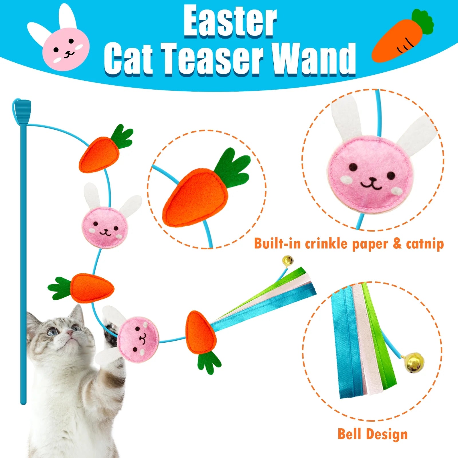4 Pack Easter Cat Toys, Bunny Cat Wand Toy with Bell, Easter Egg Catnip Toys with Crinkle, Easter Gifts for Indoor Cats & Kitten & Kitty