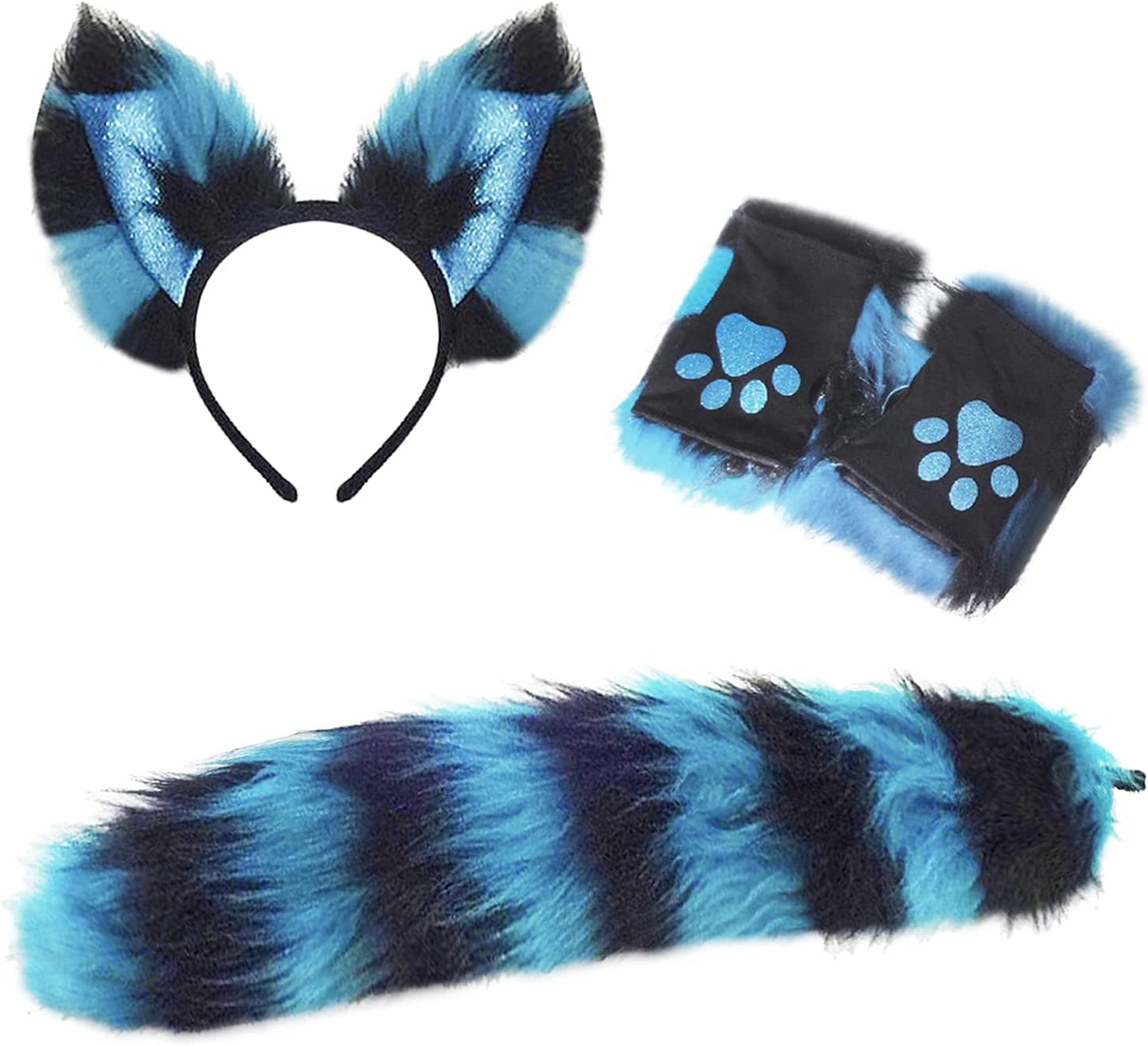 Cat Wolf Fox Tail Faux Fur Ear Headband Paw Gloves Set for Women Adult Halloween Xmas Fancy Party Cosplay Costume