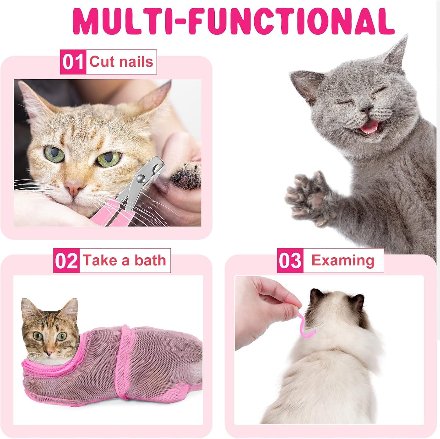9 Pcs Cat Bathing Bag Set Cat Shower Bag anti Bite and Scratch for Pet Grooming Washing Brush Comb Muzzle Nail Clipper Nail File Tick Tool(Pink)