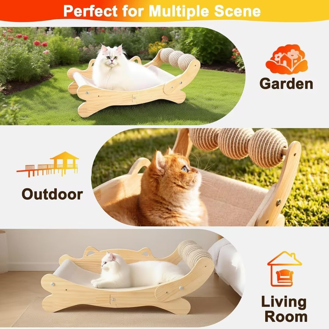 Cat Scratcher Bed, Heavy Duty Sisal Cat Scratching Post with Hammock for Indoor Cats, Natural Wood Cat Lounge for Sleeping & Scratching, Stable Bed for Large Cats