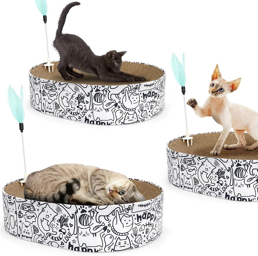 Cat Scratcher Cardboard, 2In1 Oval Cat Scratcher Bed for Indoor Cats Cat, Scratch Pad Bowl with Scratching Toy, Cozy Oval Cat Scratch Bed Furniture for Kittens & Medium Size Cats(White)