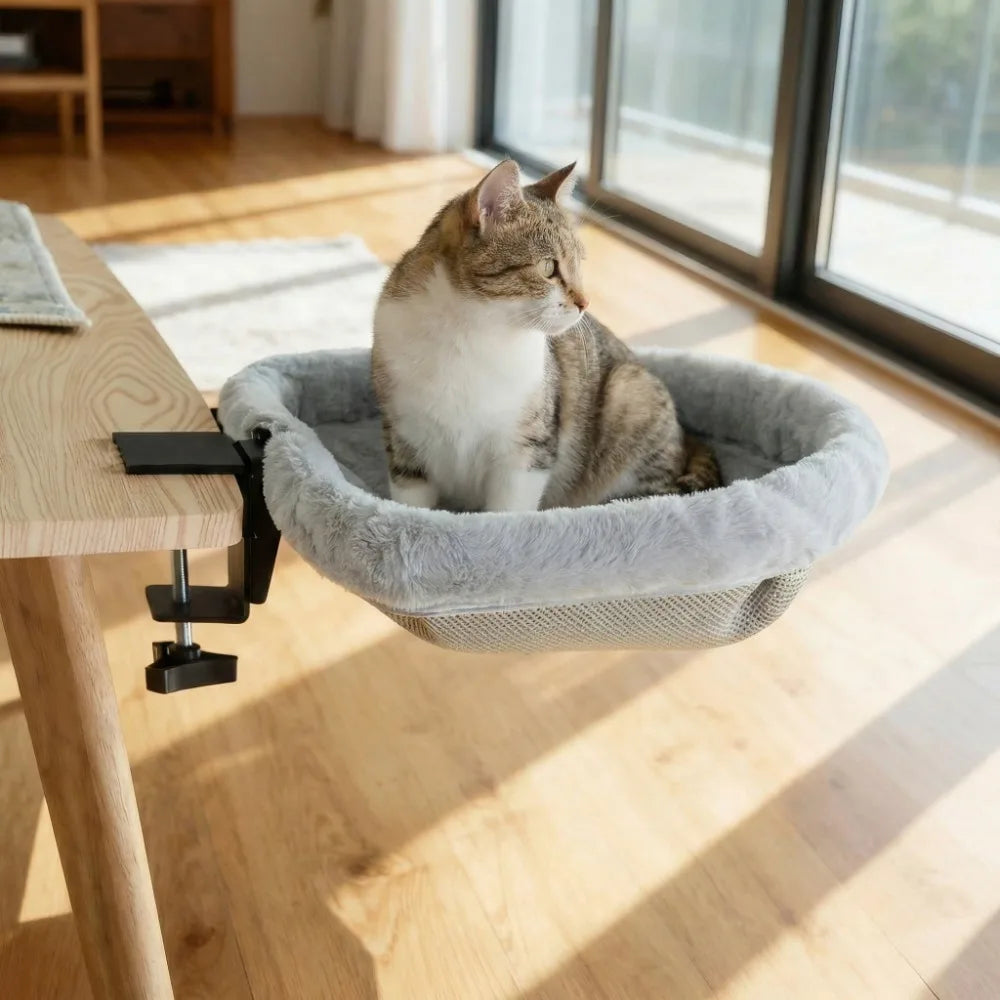 Semi-Circular Cat Table Bed Space Saving Detachable Folding Cat Bed Comfortable Non-Slip Clamp Cat Desk Hammock Computer Desk