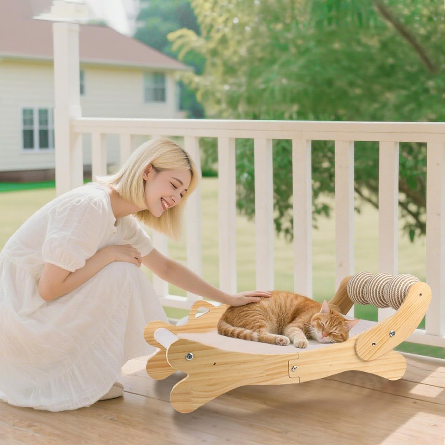 Cat Scratcher Bed, Heavy Duty Sisal Cat Scratching Post with Hammock for Indoor Cats, Natural Wood Cat Lounge for Sleeping & Scratching, Stable Bed for Large Cats