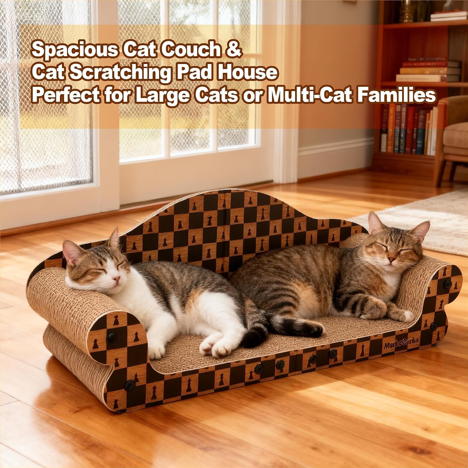 27" Cat Scratcher Bed & Sofa, Couch Scrartch Pad for Indoor Cat | High-Density Hardened Cardboard Cat Couch Scratcher, Spacious Scratch Pad Cat House for Large Cat or 2 Cats, Check Print