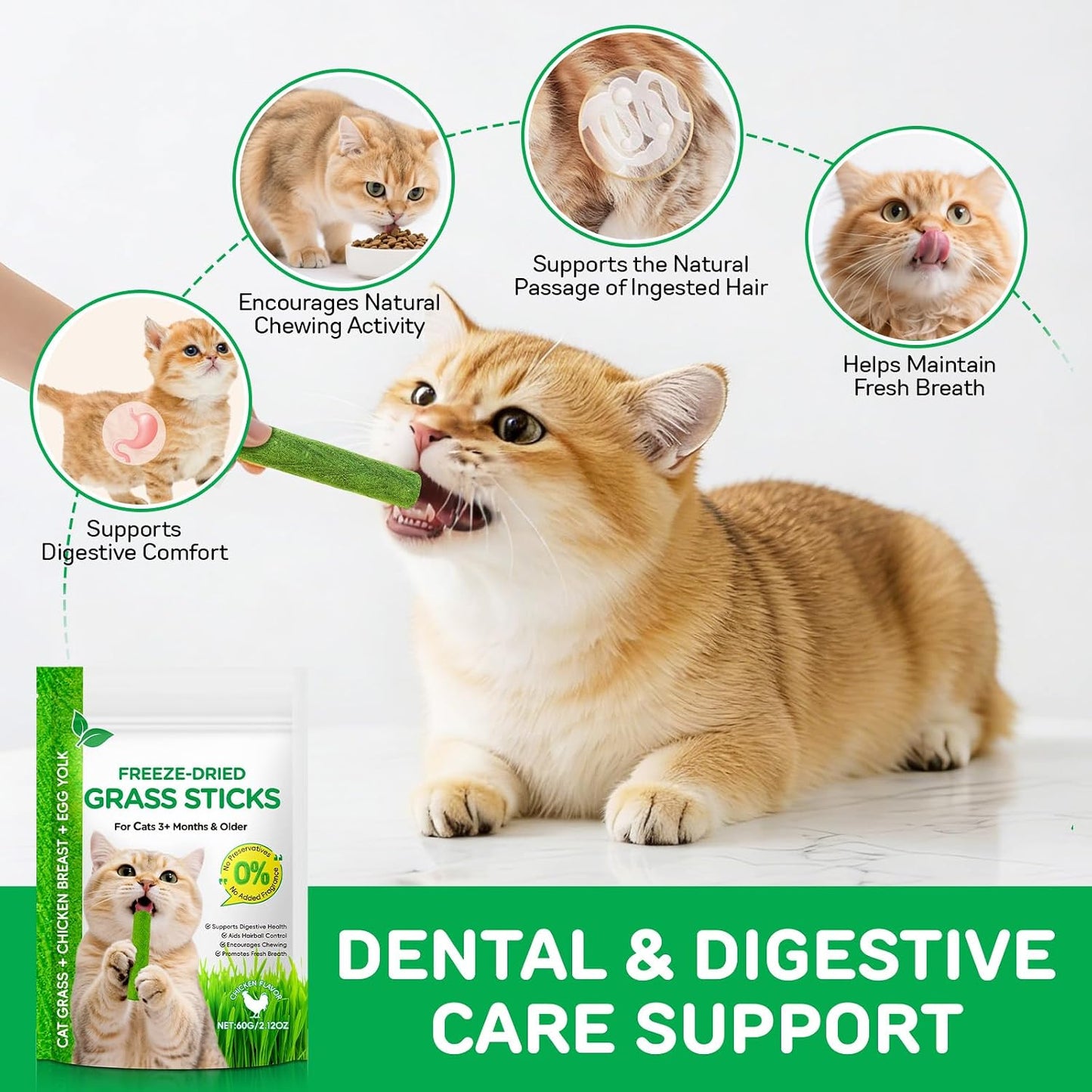 60G/2.12Oz Cat Grass Sticks, Delicious Freeze-Dried Cat Grass Treats Edible Cats Chew Toy Kitten Snacks for Hairball Removal and Teeth Cleaning