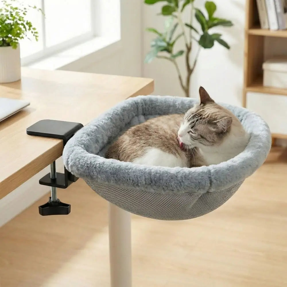 Semi-Circular Cat Table Bed Space Saving Detachable Folding Cat Bed Comfortable Non-Slip Clamp Cat Desk Hammock Computer Desk