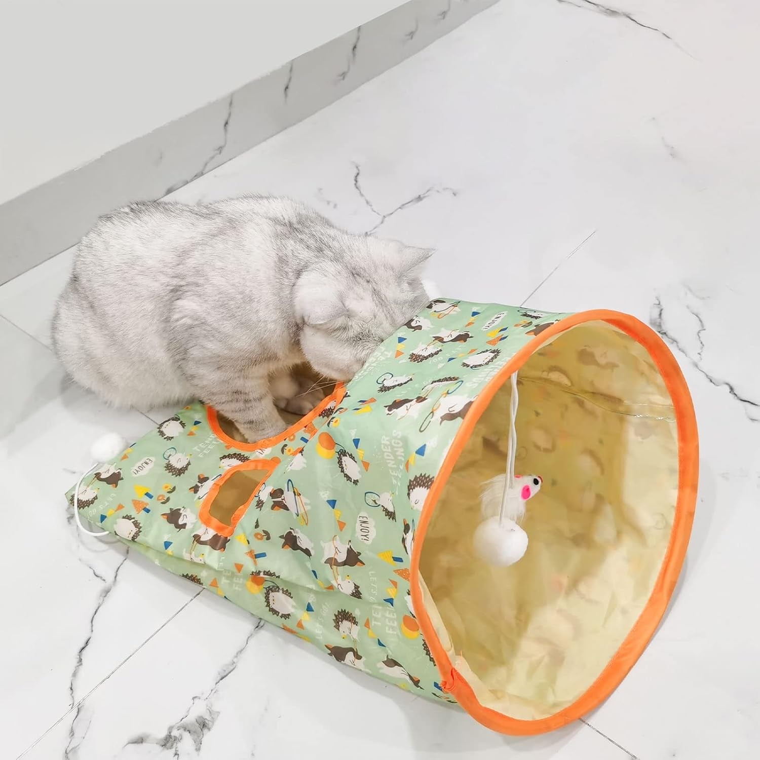 Cat Tunnel Bags for Indoor Cats, 13X17X12In Foldable Cat Crinkle Bag with 3 White Plush Balls and 1 Mouse 5 Holes for Kitten to Hide and Catch 3 Layers Cat Toy (Hedgehog)