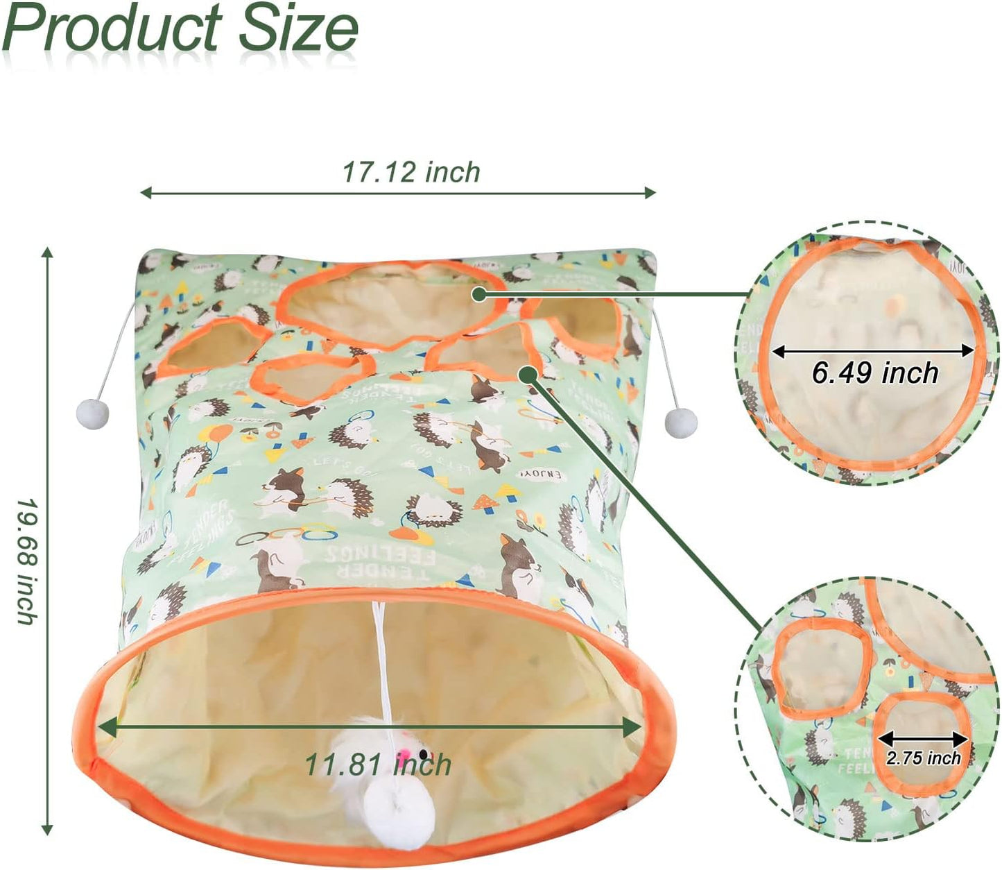 Cat Tunnel Bags for Indoor Cats, 13X17X12In Foldable Cat Crinkle Bag with 3 White Plush Balls and 1 Mouse 5 Holes for Kitten to Hide and Catch 3 Layers Cat Toy (Hedgehog)
