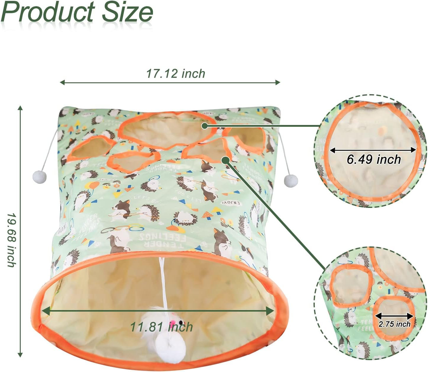 Cat Tunnel Bags for Indoor Cats, 13X17X12In Foldable Cat Crinkle Bag with 3 White Plush Balls and 1 Mouse 5 Holes for Kitten to Hide and Catch 3 Layers Cat Toy (Hedgehog)