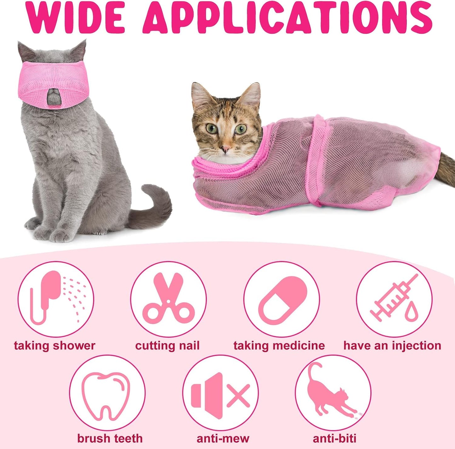 9 Pcs Cat Bathing Bag Set Cat Shower Bag anti Bite and Scratch for Pet Grooming Washing Brush Comb Muzzle Nail Clipper Nail File Tick Tool(Pink)