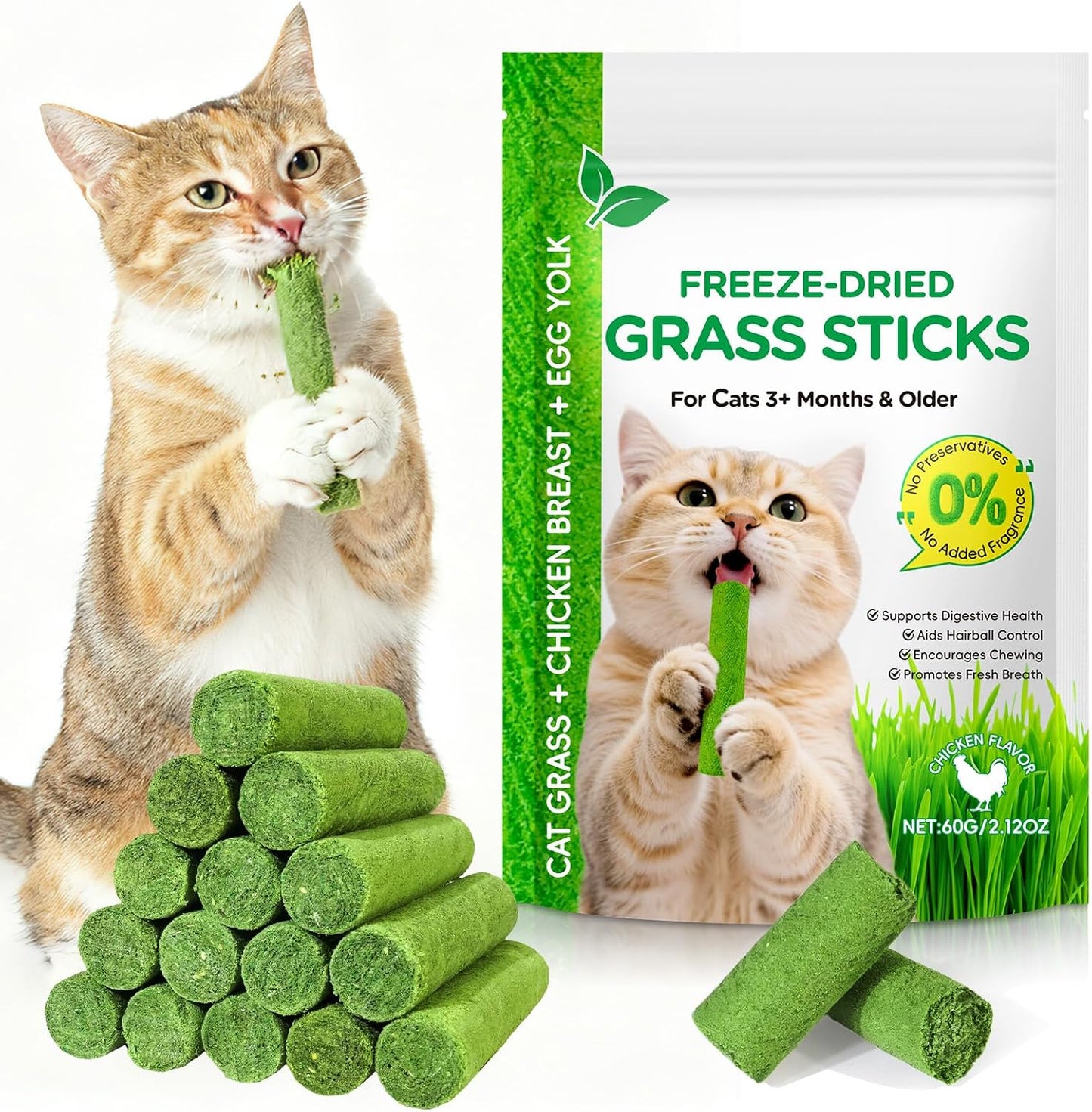 60G/2.12Oz Cat Grass Sticks, Delicious Freeze-Dried Cat Grass Treats Edible Cats Chew Toy Kitten Snacks for Hairball Removal and Teeth Cleaning