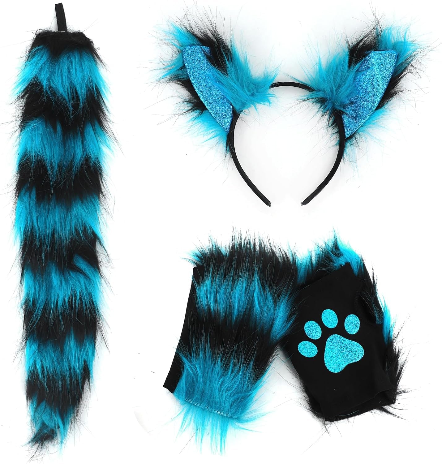 Cat Wolf Fox Tail Faux Fur Ear Headband Paw Gloves Set for Women Adult Halloween Xmas Fancy Party Cosplay Costume
