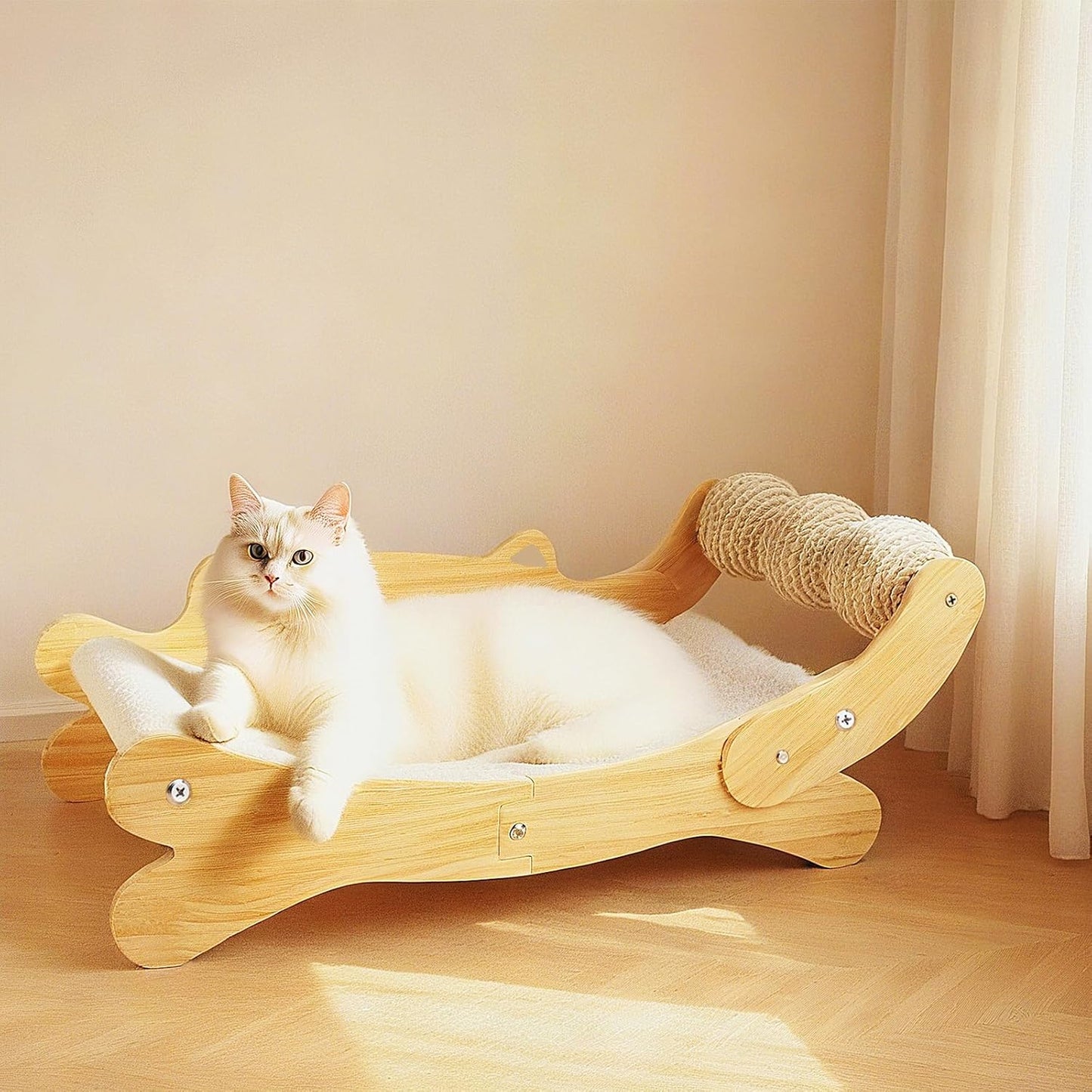 Cat Scratcher Bed, Heavy Duty Sisal Cat Scratching Post with Hammock for Indoor Cats, Natural Wood Cat Lounge for Sleeping & Scratching, Stable Bed for Large Cats
