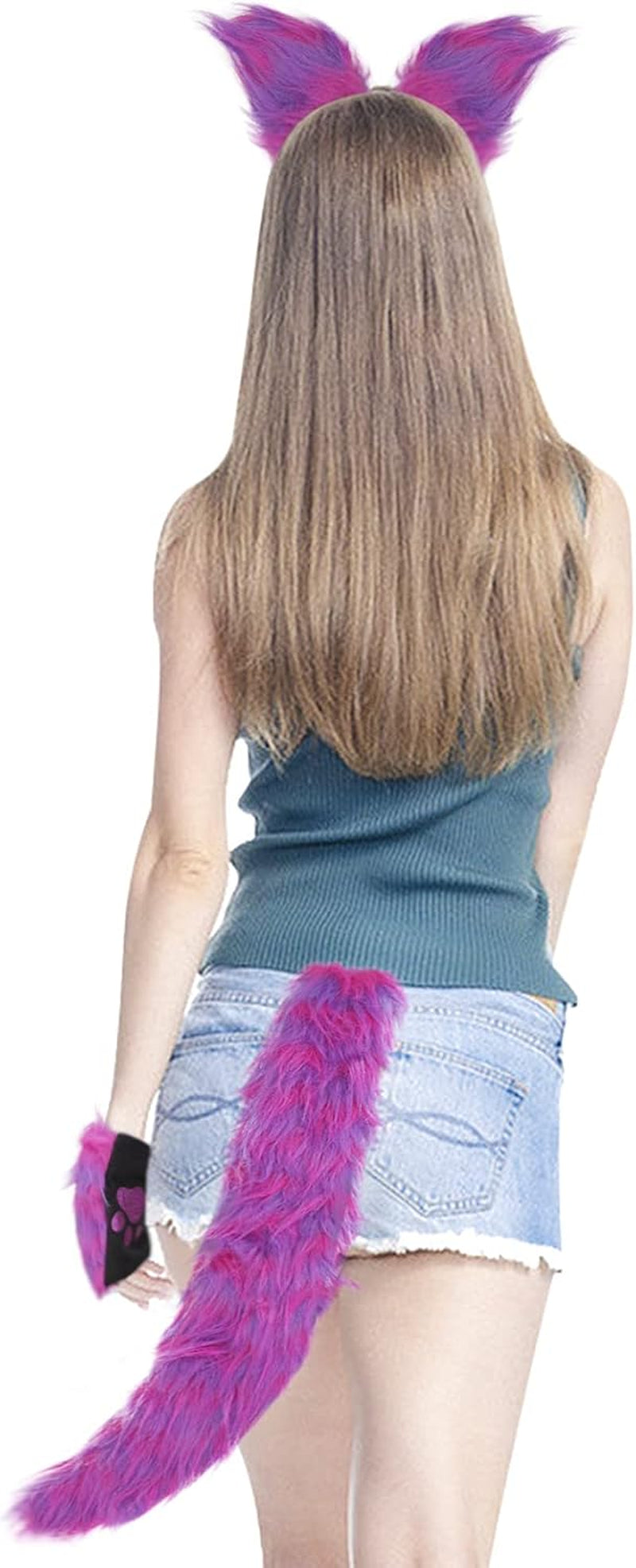 Faux Fur Cat Tail Ears Headband Set Wolf Fox Paw Gloves Xmas Fancy Party Halloween Animal Cosplay Costume for Women Girls
