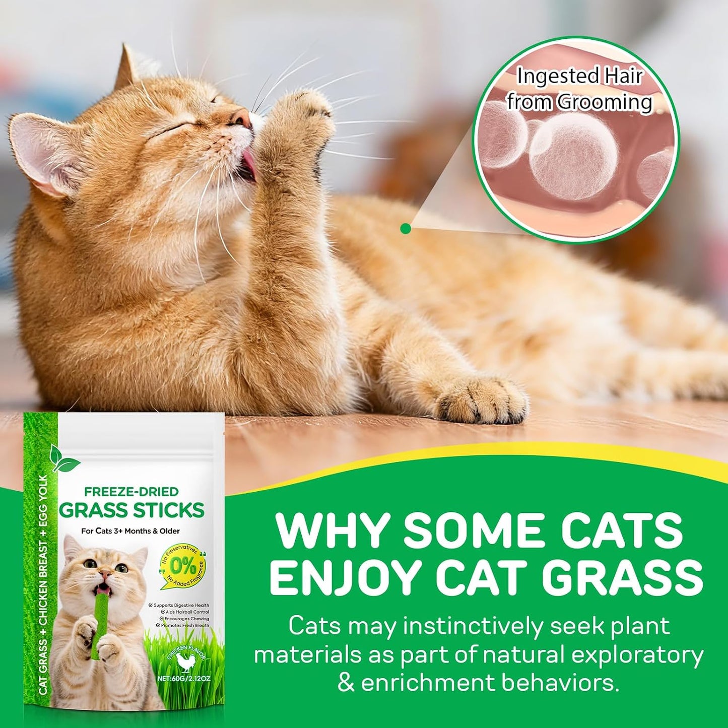 60G/2.12Oz Cat Grass Sticks, Delicious Freeze-Dried Cat Grass Treats Edible Cats Chew Toy Kitten Snacks for Hairball Removal and Teeth Cleaning