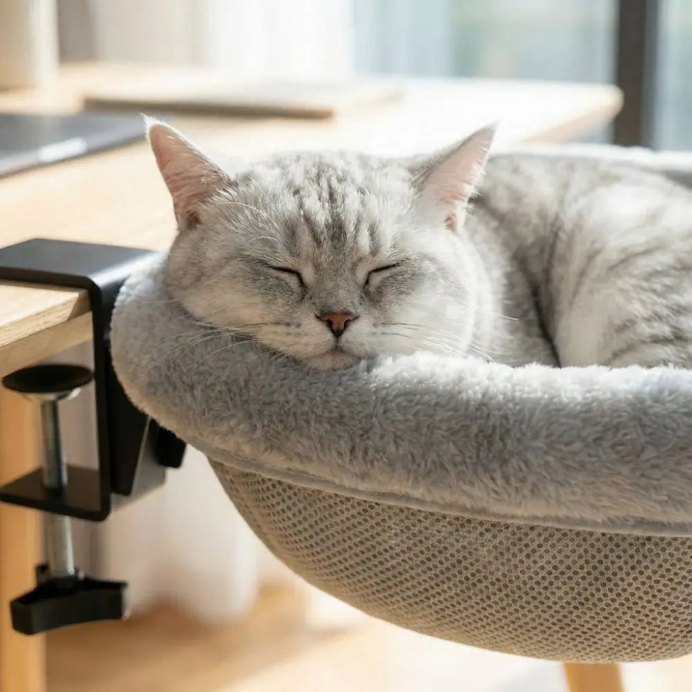 Semi-Circular Cat Table Bed Space Saving Detachable Folding Cat Bed Comfortable Non-Slip Clamp Cat Desk Hammock Computer Desk