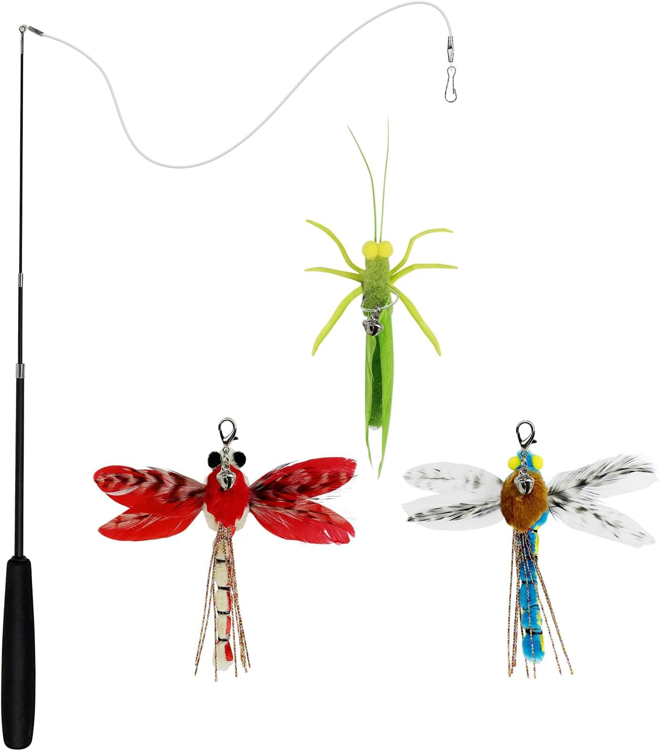 Cat Feather Wand Toys,Retractable Wand Toy with 3 Simulation Insects Dragonfly Grasshopper Refills,Interactive Cat Toy Kitten Toy for Indoor Cats to Play Chase Exercis.