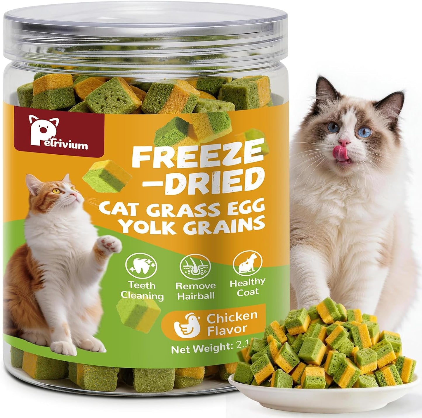 Cat Grass Treats for Indoor Cats, 60G Freeze-Dried Cat Grass & Egg Yolk Treats - Feline Grass Treаts for Hairball Control and Healthy Coat, Chicken Flavor