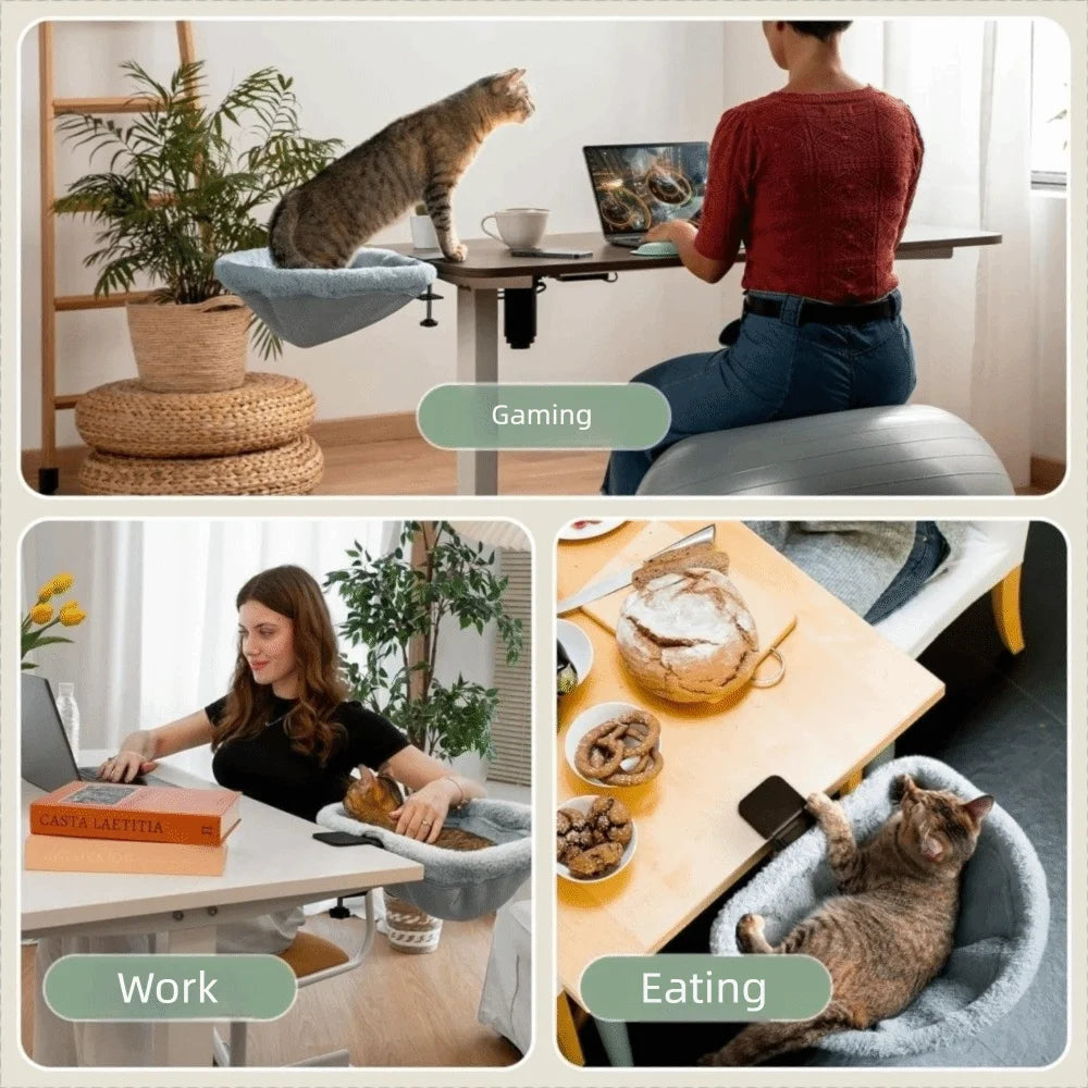 Semi-Circular Cat Table Bed Space Saving Detachable Folding Cat Bed Comfortable Non-Slip Clamp Cat Desk Hammock Computer Desk