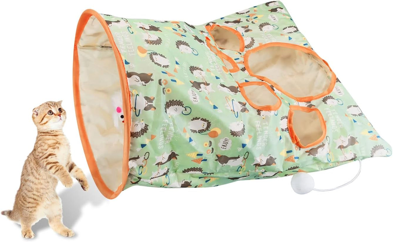 Cat Tunnel Bags for Indoor Cats, 13X17X12In Foldable Cat Crinkle Bag with 3 White Plush Balls and 1 Mouse 5 Holes for Kitten to Hide and Catch 3 Layers Cat Toy (Hedgehog)
