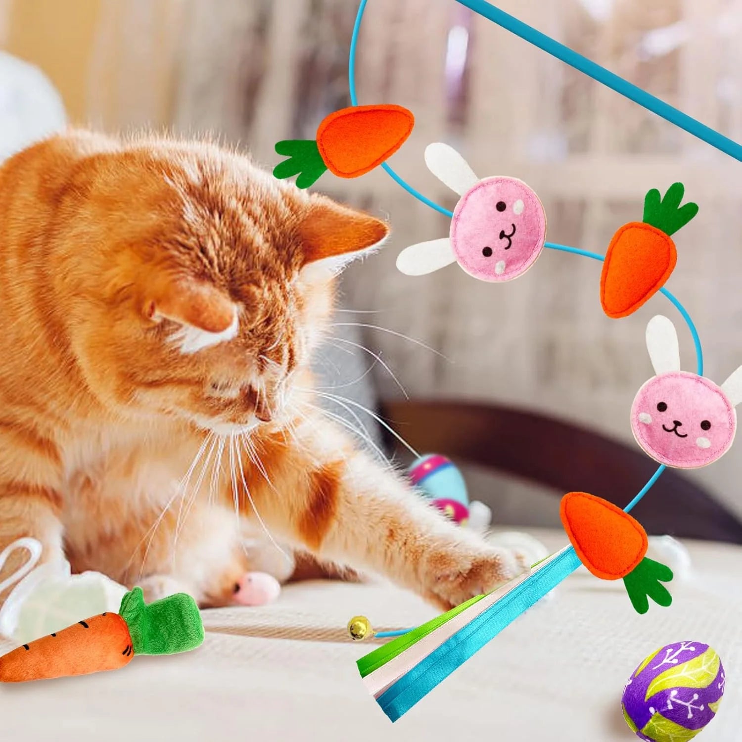 4 Pack Easter Cat Toys, Bunny Cat Wand Toy with Bell, Easter Egg Catnip Toys with Crinkle, Easter Gifts for Indoor Cats & Kitten & Kitty