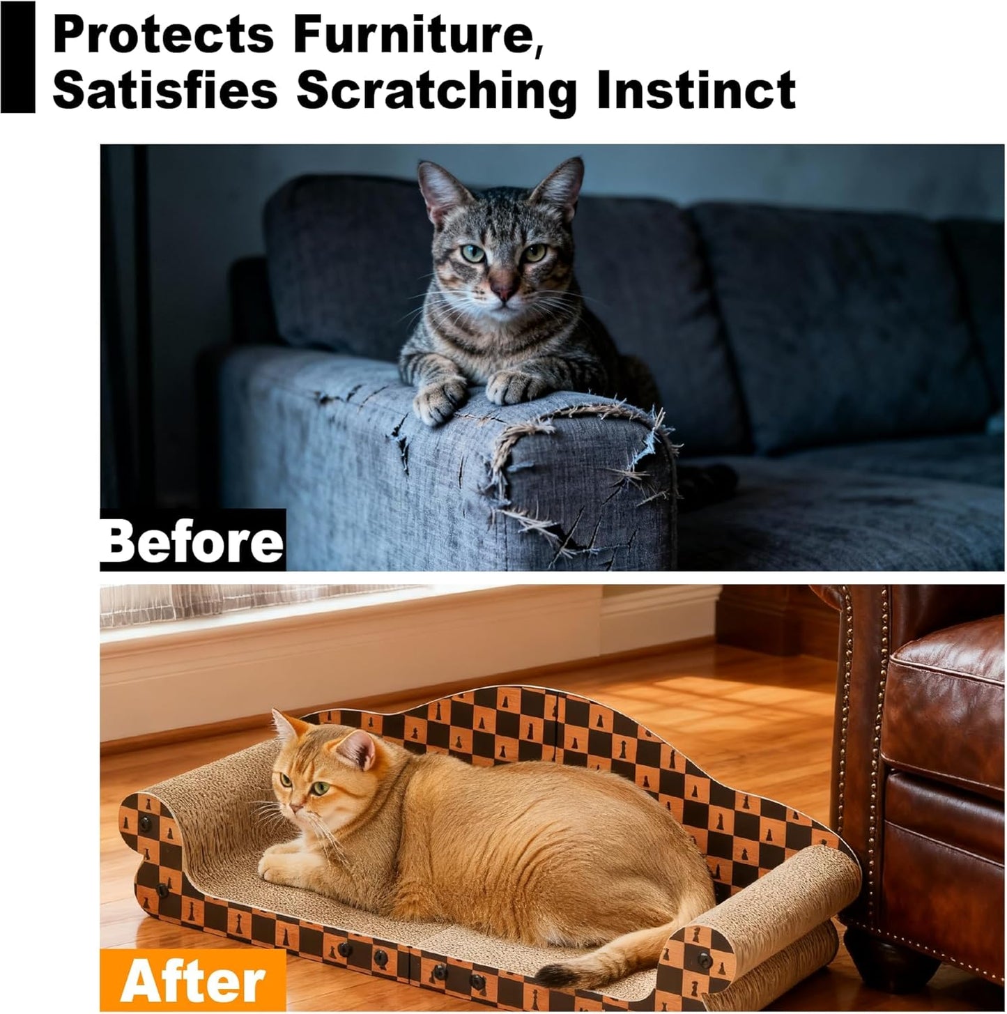 27" Cat Scratcher Bed & Sofa, Couch Scrartch Pad for Indoor Cat | High-Density Hardened Cardboard Cat Couch Scratcher, Spacious Scratch Pad Cat House for Large Cat or 2 Cats, Check Print