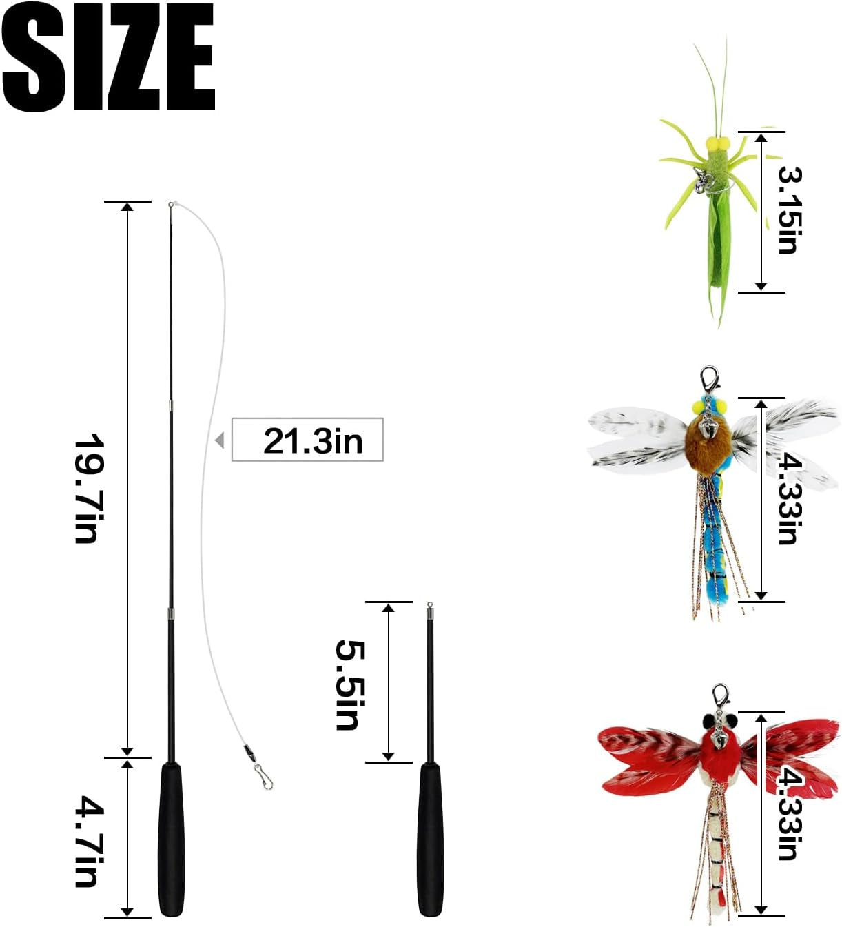 Cat Feather Wand Toys,Retractable Wand Toy with 3 Simulation Insects Dragonfly Grasshopper Refills,Interactive Cat Toy Kitten Toy for Indoor Cats to Play Chase Exercis.