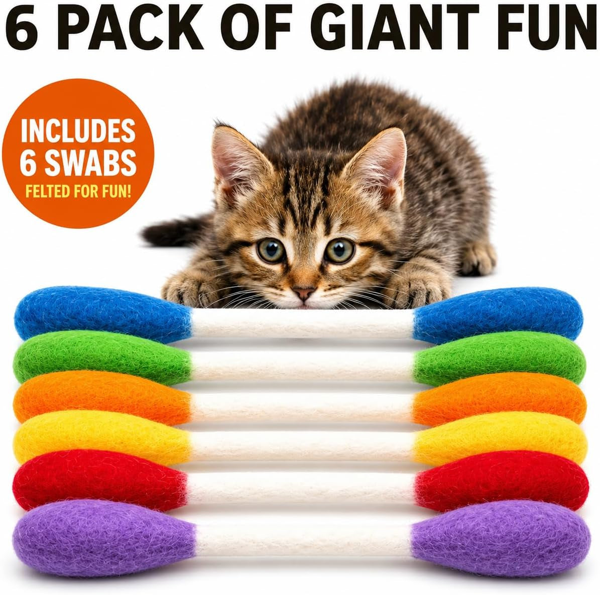 Swabs Cat Toys with Catnip - 6 Pk | Durable for Chew, Cute Cat Toys Interactive Kitty for Boredom, Exercise, & Play | Filled W/Organic Catnip for Anxiety & as Digestive Aid | Gift Idea