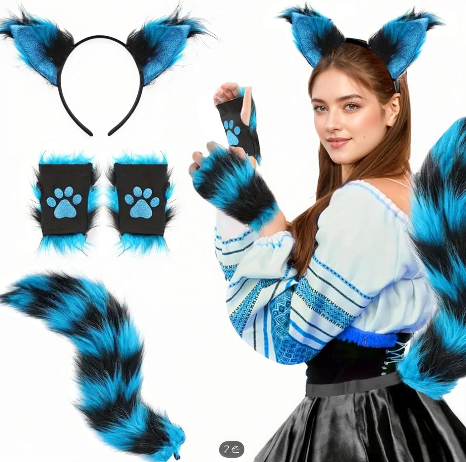 Cat Wolf Fox Tail Faux Fur Ear Headband Paw Gloves Set for Women Adult Halloween Xmas Fancy Party Cosplay Costume