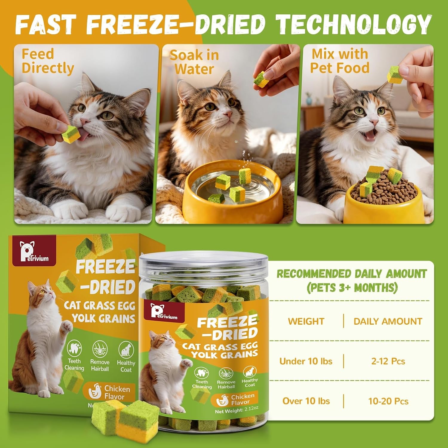 Cat Grass Treats for Indoor Cats, 60G Freeze-Dried Cat Grass & Egg Yolk Treats - Feline Grass Treаts for Hairball Control and Healthy Coat, Chicken Flavor