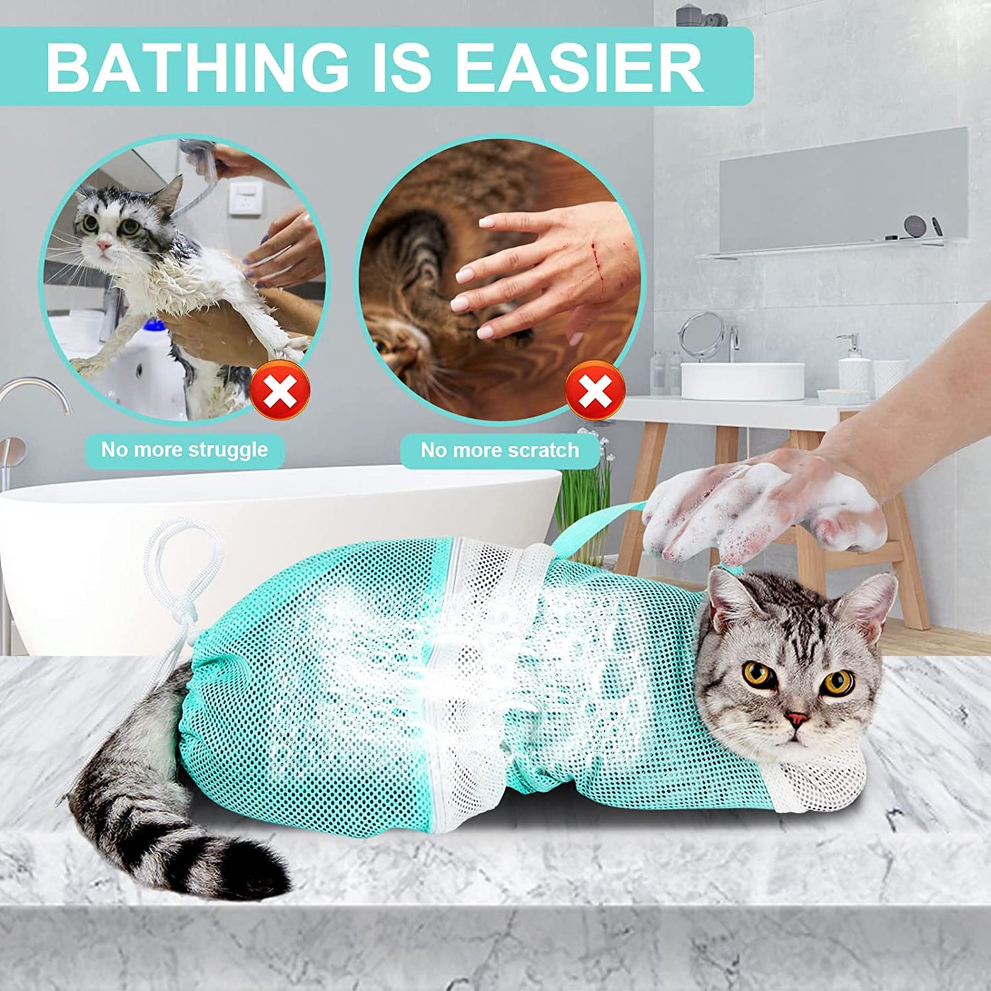 Cat Bathing Bag - Adjustable Cat Washing Net Anti-Bite & Anti-Scratch Cat Shower Restraint Bag, Breathable Mesh Cat Grooming Bag for Bath, Nail Trimming & Injection | Secure Restraint for Safer Grooming and Bathing, Reducing Stress and Helping Prevent Scratches and Escapes