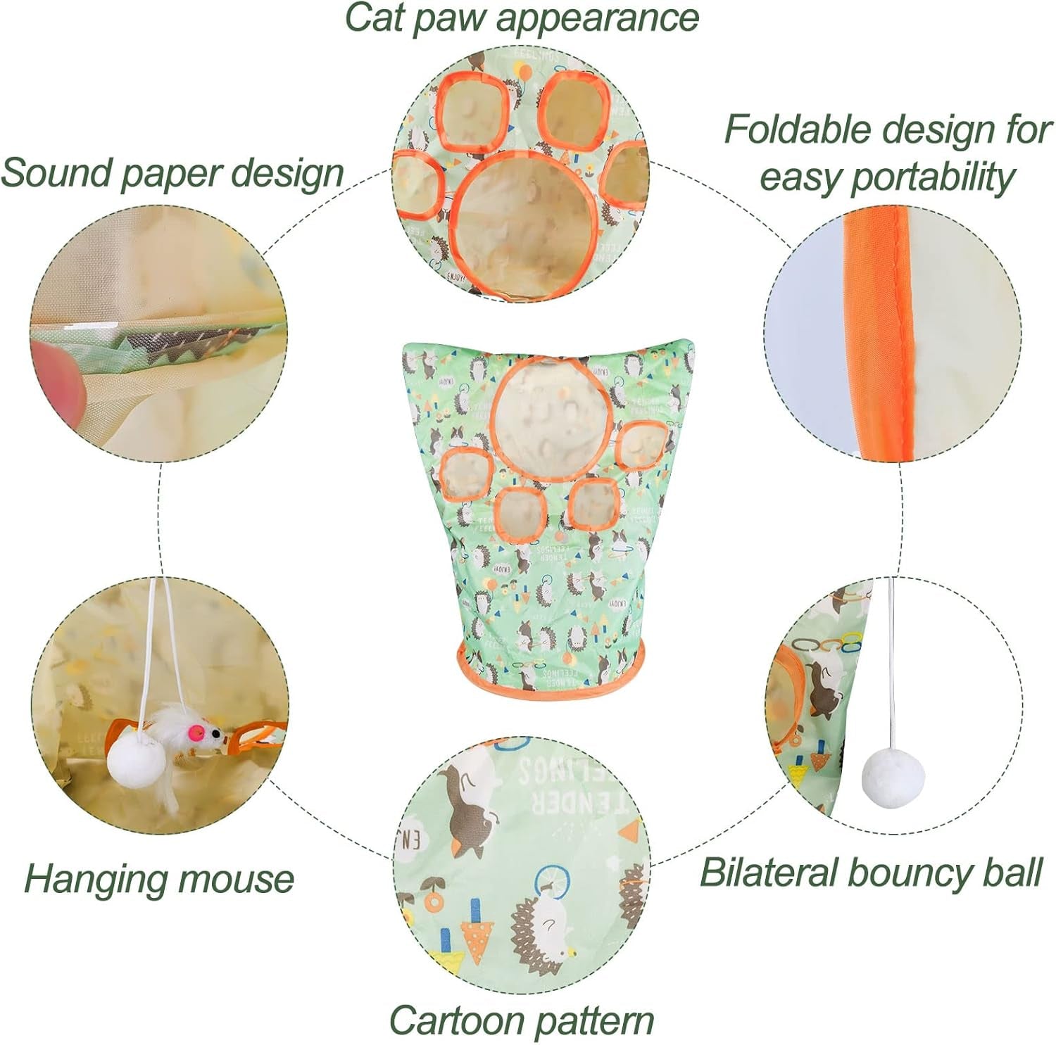 Cat Tunnel Bags for Indoor Cats, 13X17X12In Foldable Cat Crinkle Bag with 3 White Plush Balls and 1 Mouse 5 Holes for Kitten to Hide and Catch 3 Layers Cat Toy (Hedgehog)
