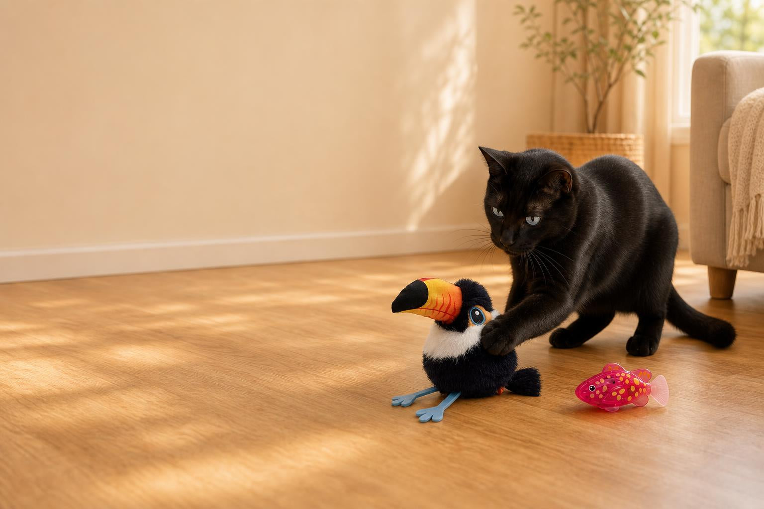 Black cat playing with the plush toucan and the wiggle fish toy on a sunlit wooden floor