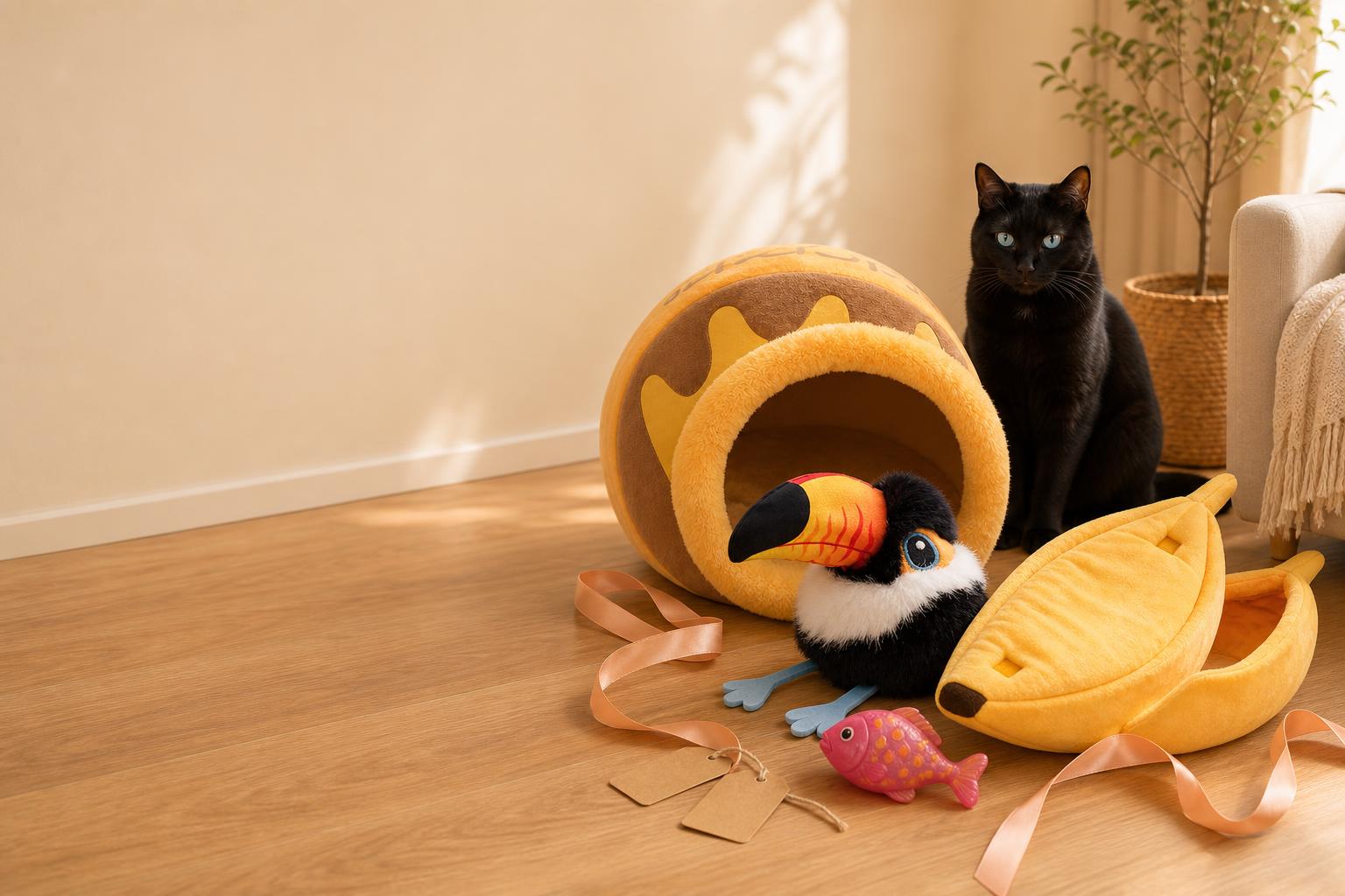 Honey pot cave bed, banana bed and cat toys arranged as gifts with a black cat sitting beside them